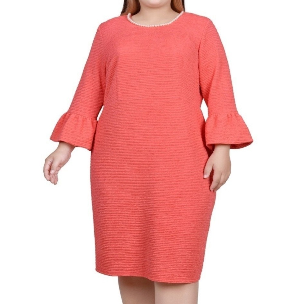 NY Collection 3/4 Length‎ Textured Knit Coral Dress Faux Pearl Womens Plus 2X